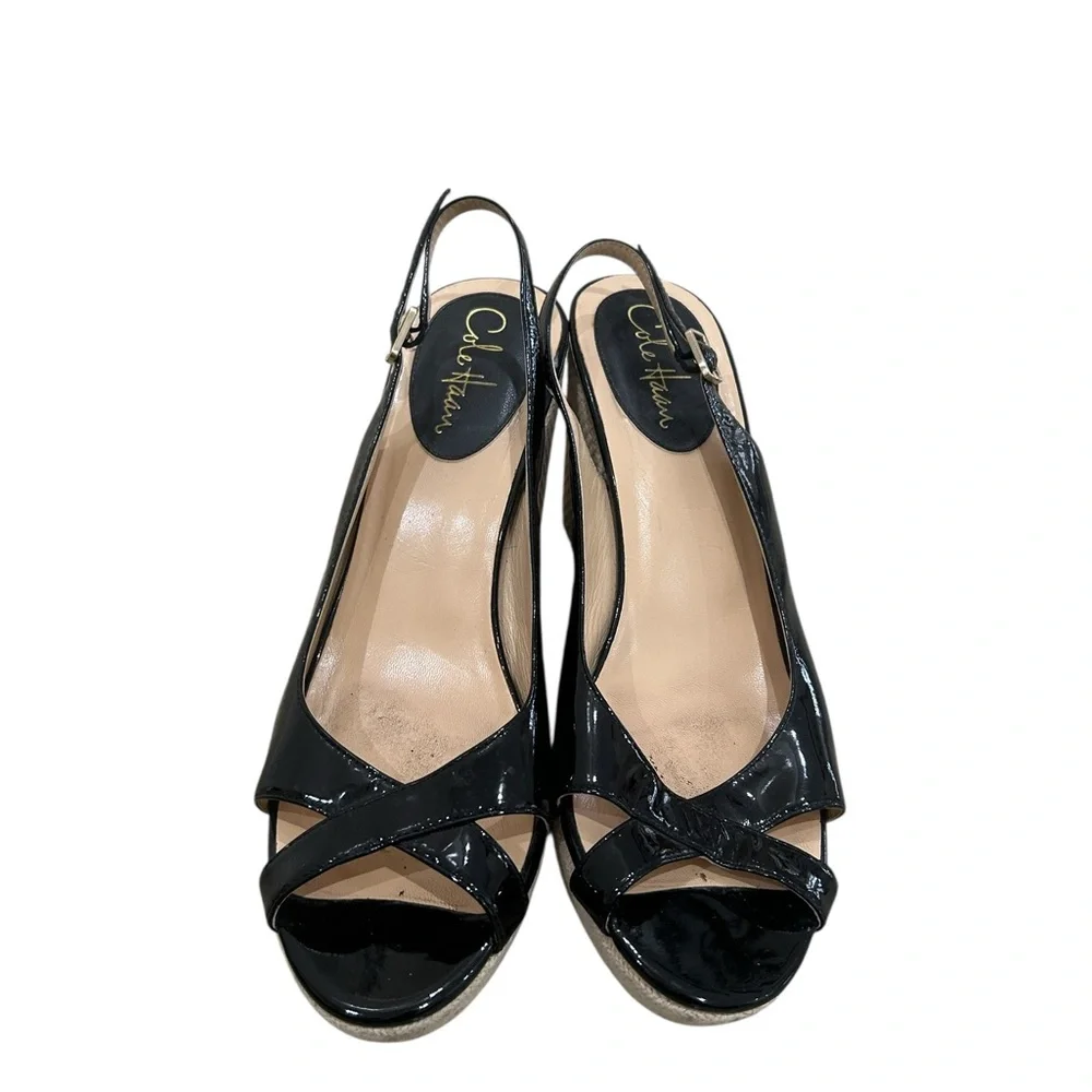 Cole Haan Black Patent Leather Wedge Slingbacks with Natural Woven Heel size 9